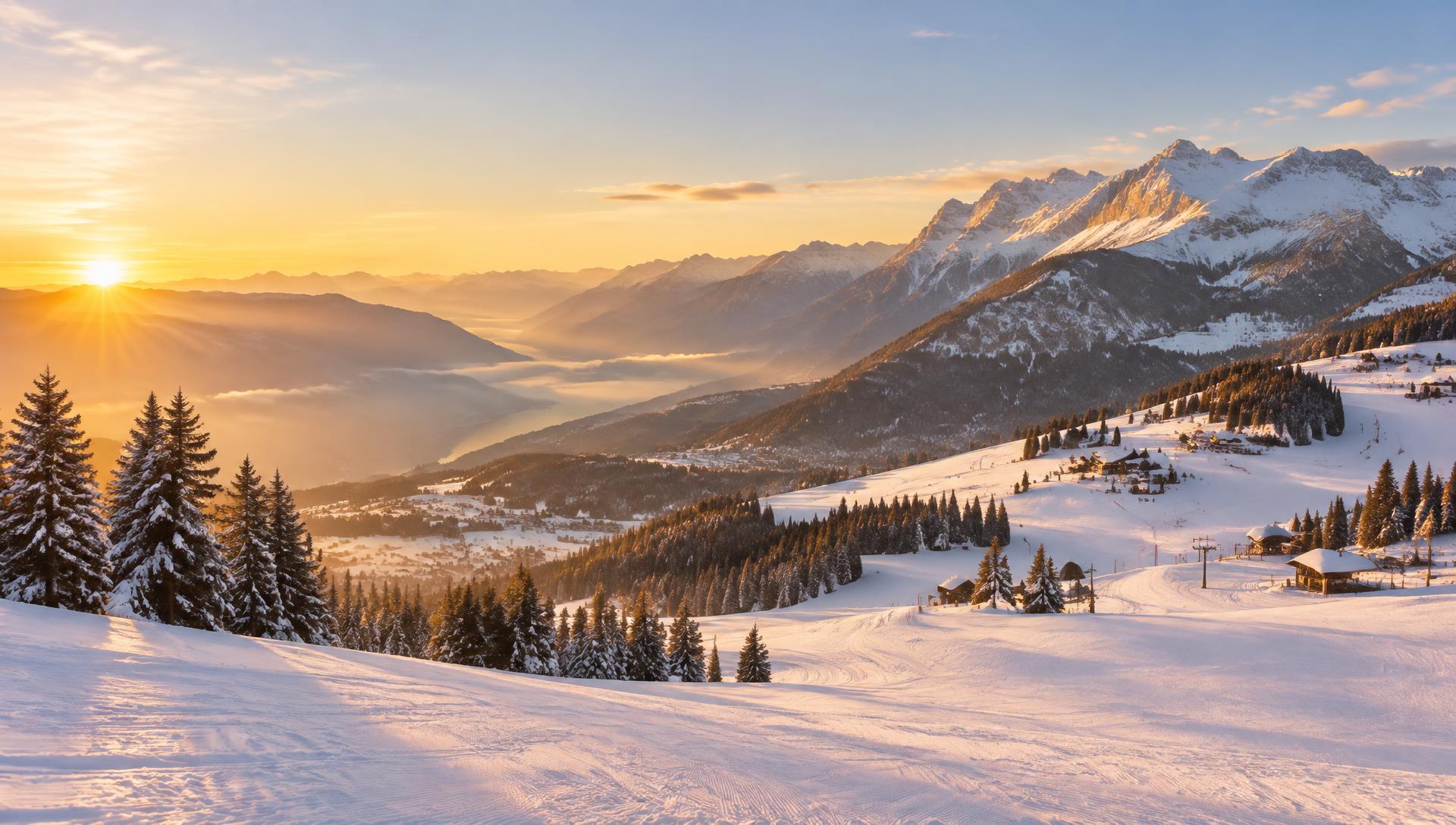 Paesaggio alpino innevato al tramonto